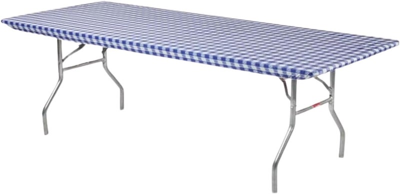 Kwik-Covers 8' Rectangle Plastic Table Covers 30" x 96", Bundle of 5 (Blue Gingham) - Image 1